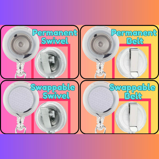 four different types of badge holders or lanyards, each with a unique design and features.