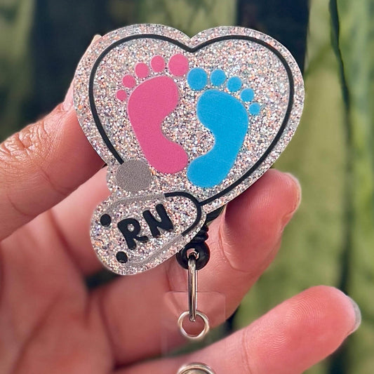 Funny Acrylic Badge Reel  Cute L&D RN Pink and Blue Baby Feet Heart  Nurse Badge Reel  ID Badge Holder  Nurse Gift  Nurse Badge Holder