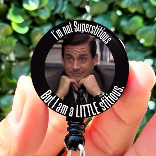 The Office Michael Scott I'm Not Superstitious But I Am A Little Stitious Funny Retractable Badge Reel with Swing Clip and 34 Inch Cord