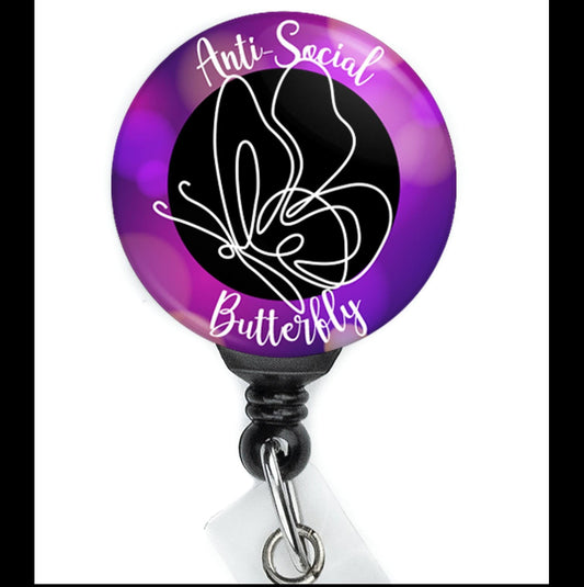 Nurse Funny AntiSocial Butterfly Retractable Badge Reel with Swing Clip and 34 Inch Cord - ReactionReels