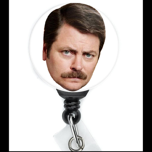 Parks and Rec Ron Swanson Face Retractable Badge Reel with Swing Clip and 34 Inch Cord