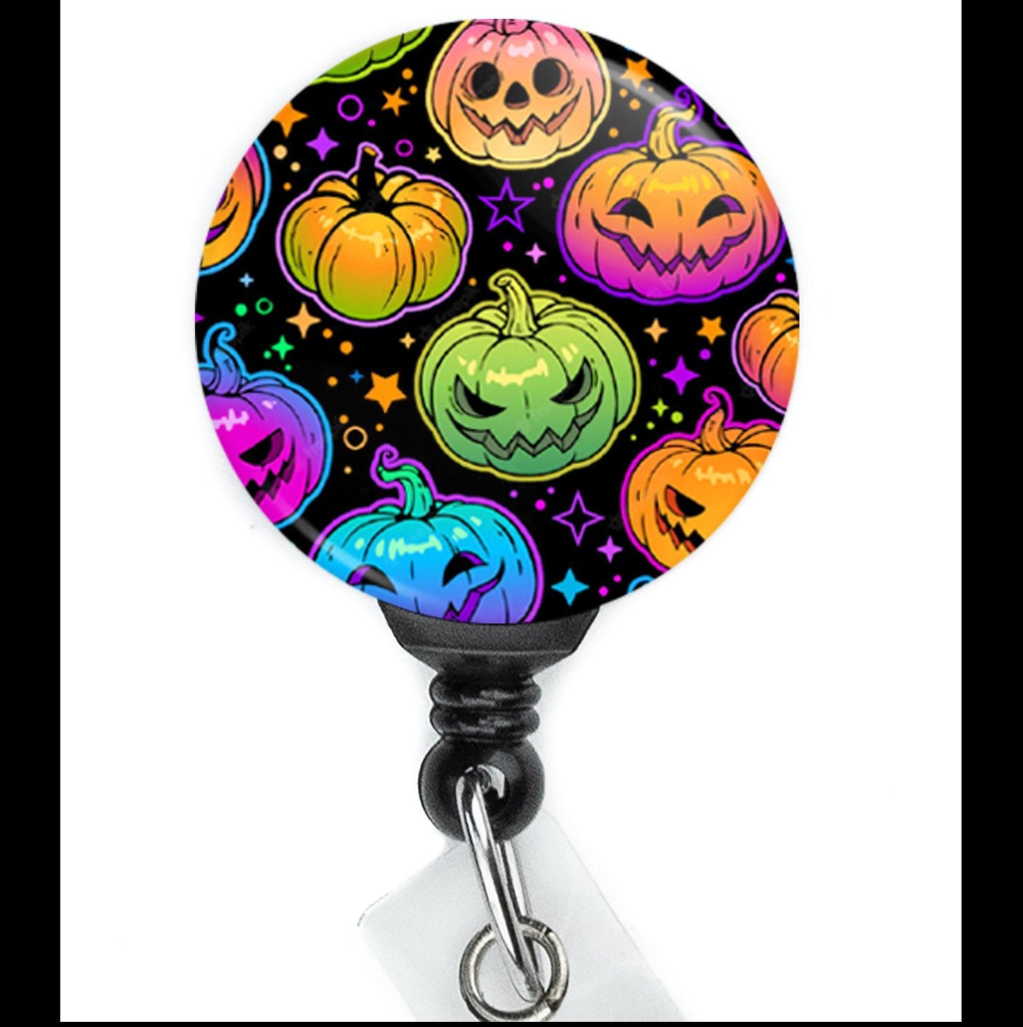 Halloween Neon Pumpkin Jack O Lantern Retractable Badge Reel with Swing Clip and 34 Inch Cord