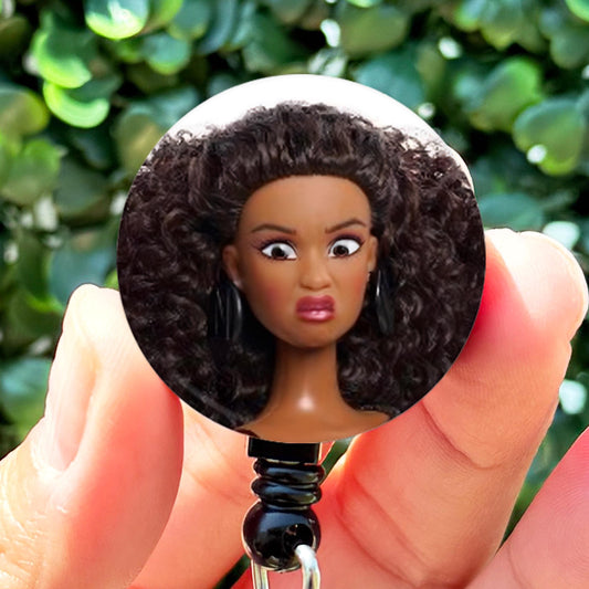 African American Cringe Doll WTF Funny Nurse Badge Reel
