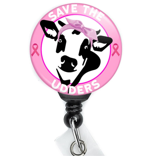 Cute ID Badge Reel  Save The Udders Breast Cancer Awareness Cow  Nurse Badge Reel  ID Badge Holder