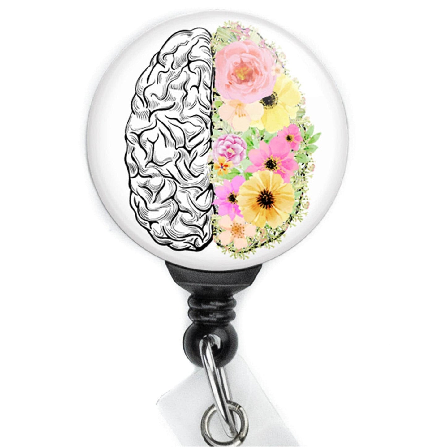 Floral Brain Retractable Badge Reel with Swing Clip and 36 Inch Cord.