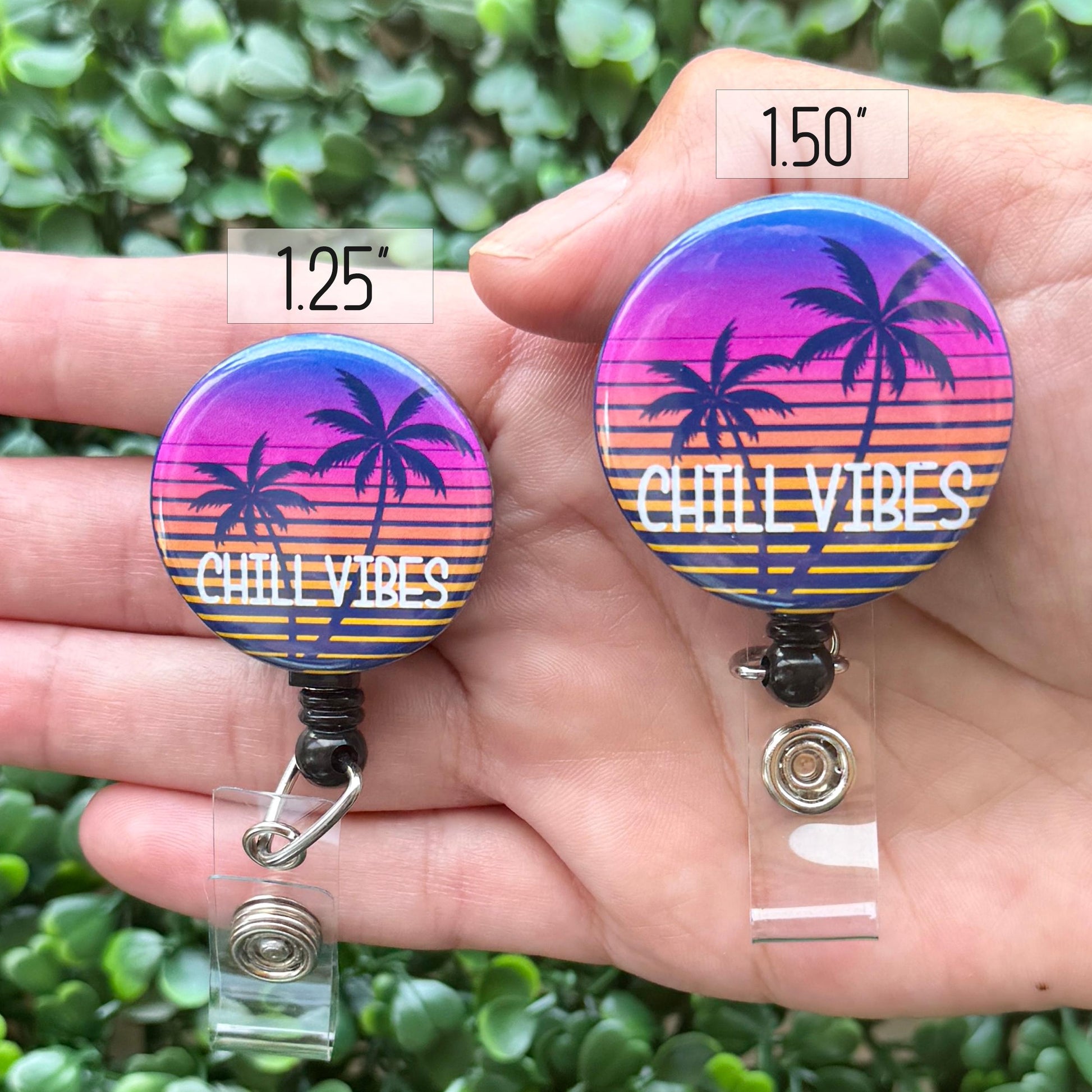 a person holding a badge with a palm tree on it