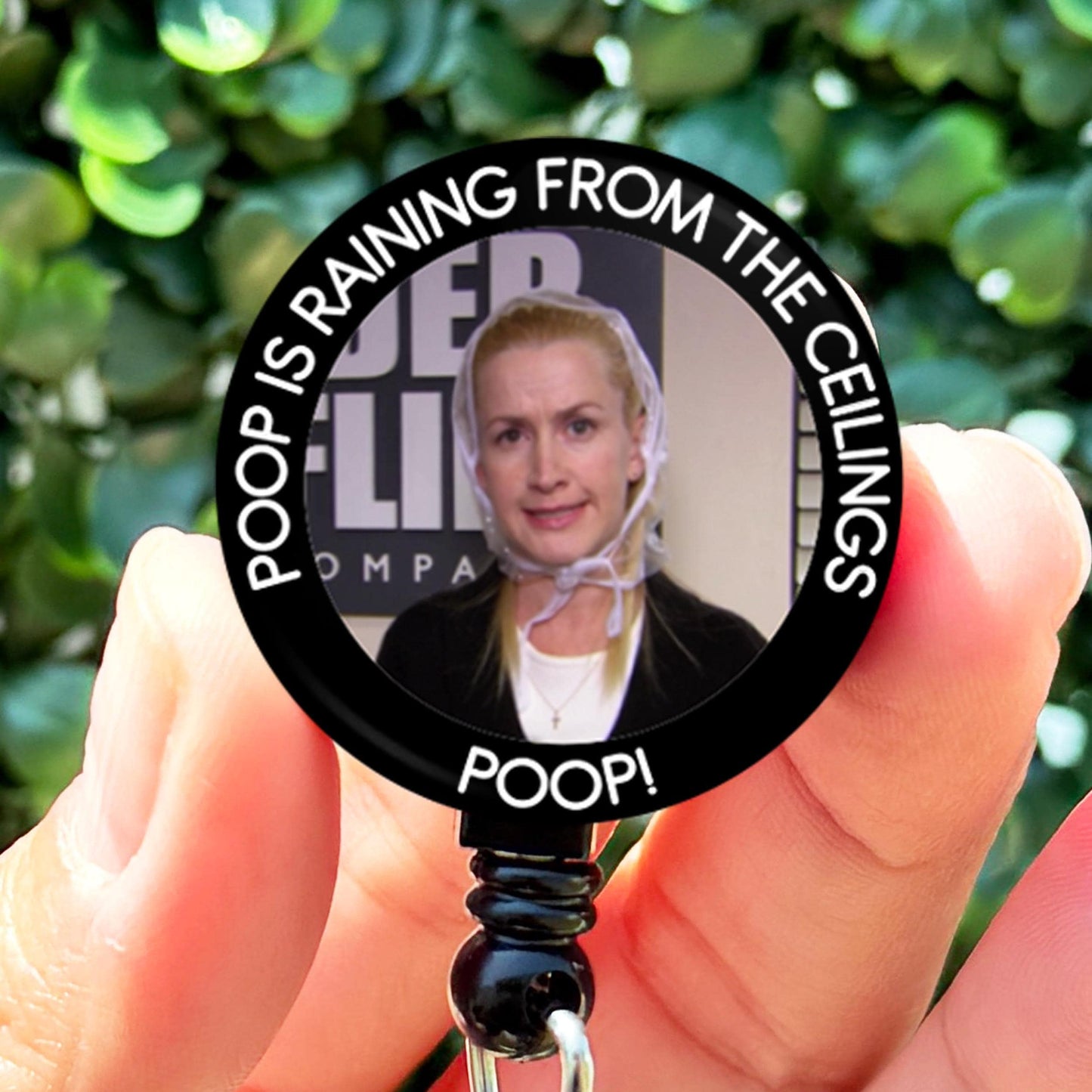 The Office Angela Raining Poop From The Ceilings Funny Meme Retractable Badge Reel with Swing Clip and 36 Inch Cord