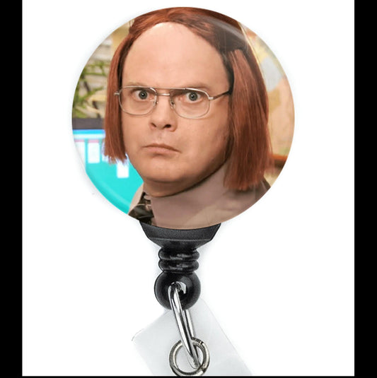 The Office Dwight Schrute Wig Disguise Funny Retractable Badge Reel with Swing Clip and 36 Inch Cord