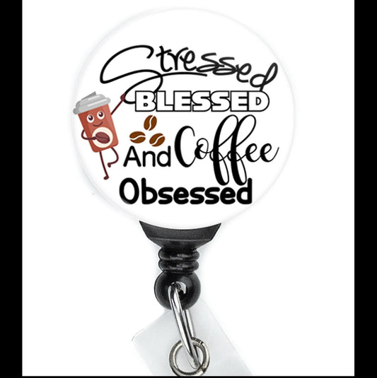 Nurse Funny Stressed Blessed and Coffee Obsessed Retractable Badge Reel with Swing Clip and 34 Inch Cord