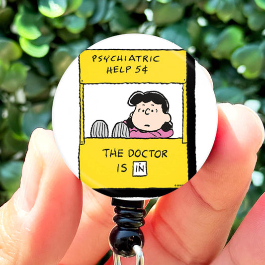 Funny Nurse Badge Reel - Lucy Therapist Psychiatrist Cartoon Meme Retractable Badge Reel with Swivel or Belt Clip