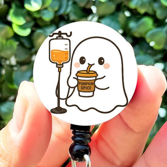 Halloween Cute Pumpkin Spice IV Ghost  Nurse Badge Reel Funny  ID Badge Reel  Nurse Gift  Nurse Badge Hold - ReactionReels