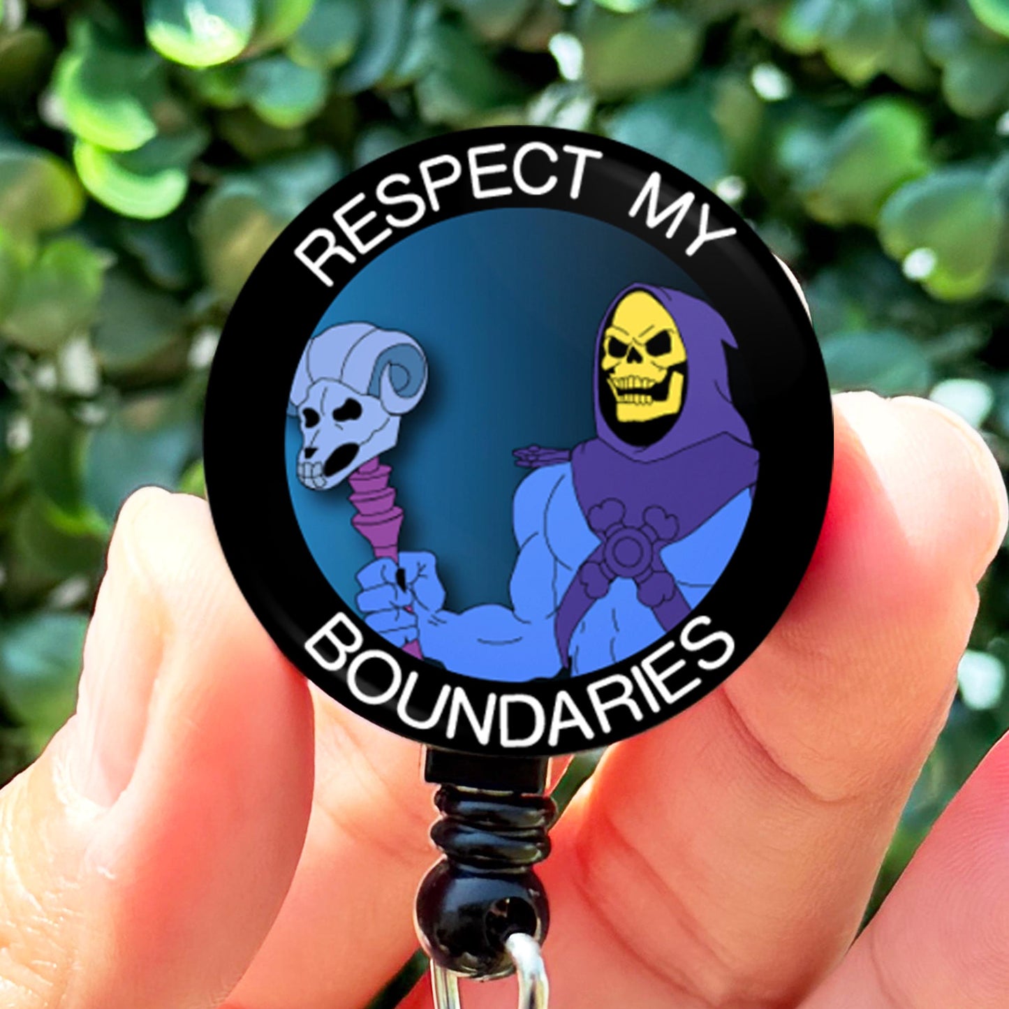 Skeletor Respect My Boundaries Meme Retractable Nurse Badge Reel with Swing Clip and 34 Inch Cord