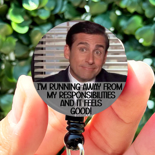 The Office Michael Scott Funny Running Away From My Responsibilities Meme Retractable Badge Reel with Swing Clip and 36 Inch Cord