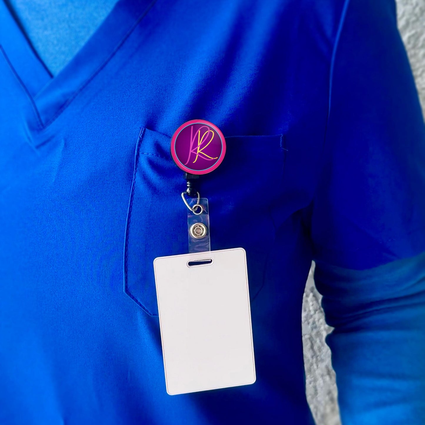 a person wearing a blue shirt and a name tag