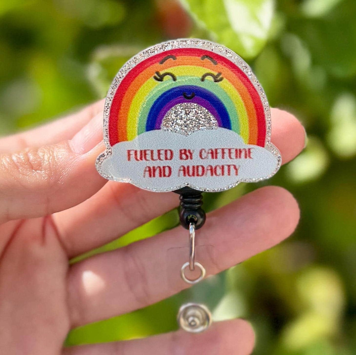 Funny Acrylic Badge Reel  Cute Fueled By Caffeine and Audacity Rainbow  Nurse Badge Reel  ID Badge Holder  Nurse Gift  Nurse Badge ID