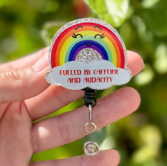 Funny Acrylic Badge Reel  Cute Fueled By Caffeine and Audacity Rainbow  Nurse Badge Reel  ID Badge Holder  Nurse Gift  Nurse Badge ID