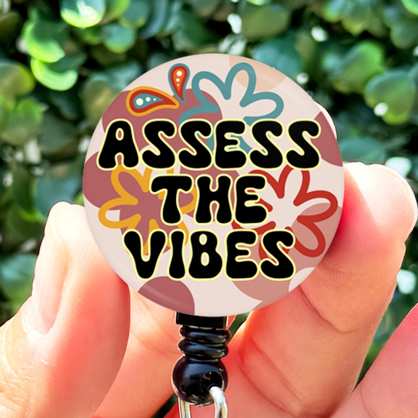 Nurse Funny Assess The Vibes Hippie Groovy Retro Retractable Badge Reel with Swing Clip and 34 Inch Cord - ReactionReels