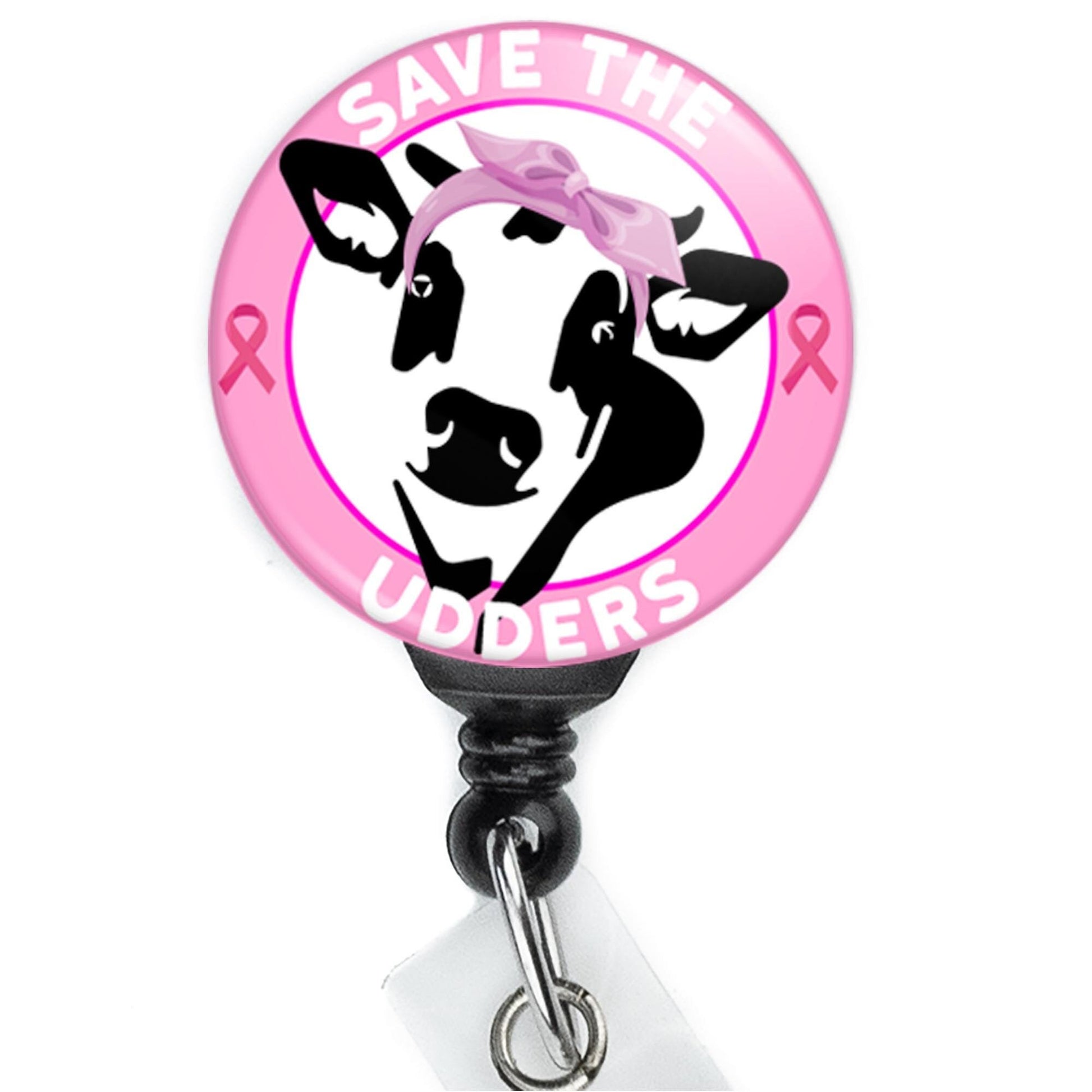 Save The Udders Breast Cancer Awareness Cow nurse badge clip